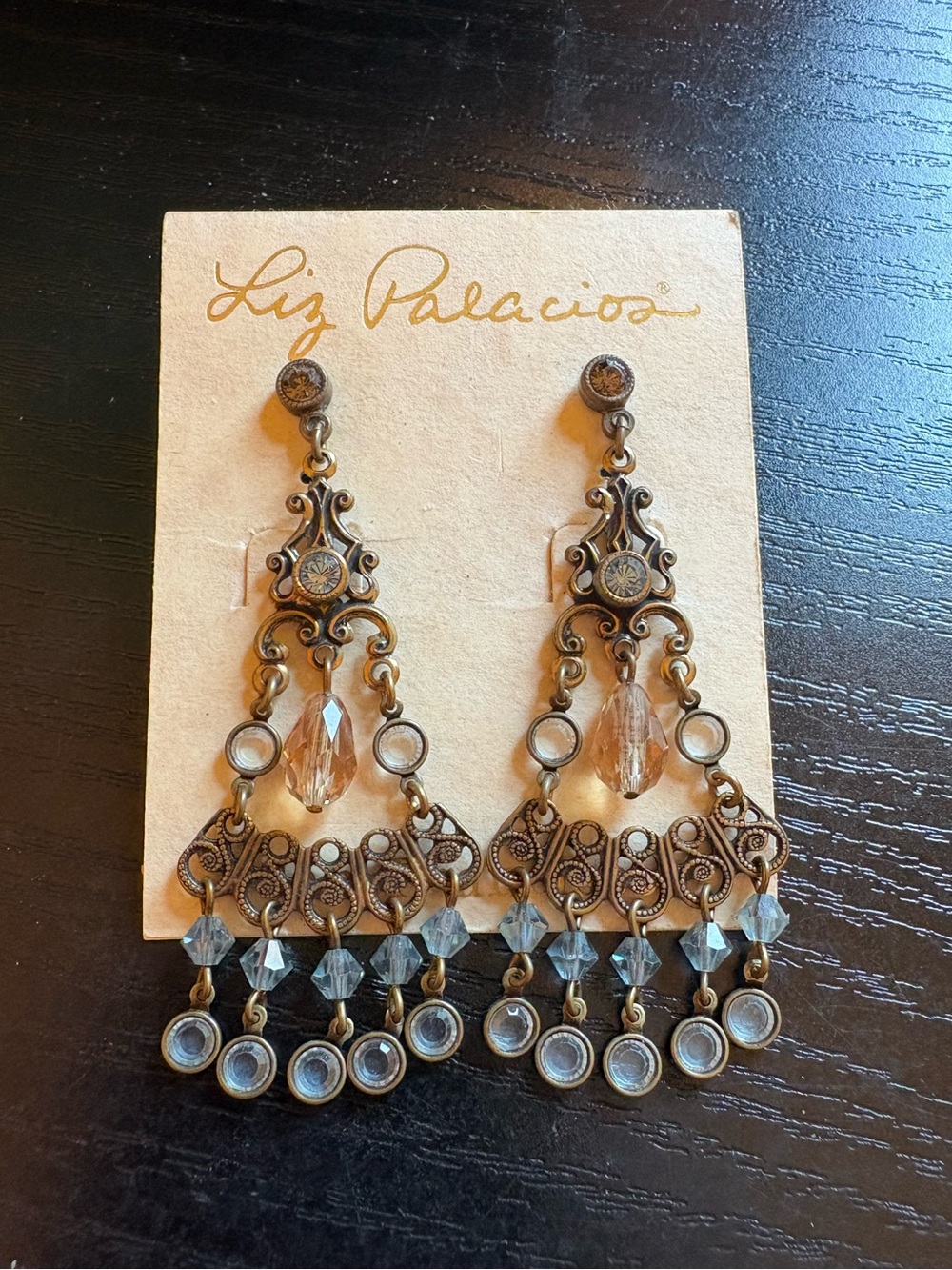 Liz Palacios earrings dangle chandelier brass blue & clear crystal 2”